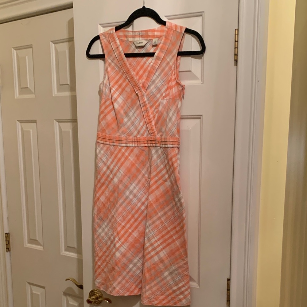 L.L. Bean Vibrant Orange and White Checkered Linen & Cotton Dress size 6